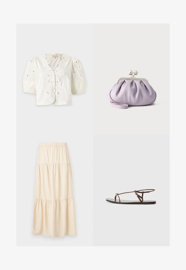 Blouse blanche à manches courtes avec bords festonnés, broderie florale ajourée, boutons sur le devant et manches bouffantes.; Jupe beige à volants avec une ceinture élastique et trois sections froncées créant une coupe fluide et ample.; Sandale en cuir marron avec des fines lanières, un accent circulaire doré et une semelle plate. Design minimaliste avec un détail de boucle réglable.; Pochette lavande douce avec tissu froncé, fermoir kiss-lock argenté et bracelet assorti sur un fond clair uni.