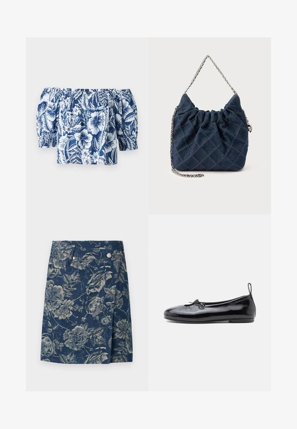 Blå og hvid blomsterret blouse med off-shoulder, der har puffærmer, samlet elastisk halsudskæring og en afslappet pasform med et tropisk design.; Denim omslagsnederdel med blå og beige blomsterprint, med to sølv trykknapper og et asymmetrisk frontpanel.; Sorte patenterede læder ballet flats med rund tå, lille sløjfedetalje og glat tekstur; har en lav flad sål og en træksløjfe ved hælen.; Mørkeblå quiltet stofhåndtaske med rynket top og sølvkæde som skulderrem på en ensfarvet baggrund.