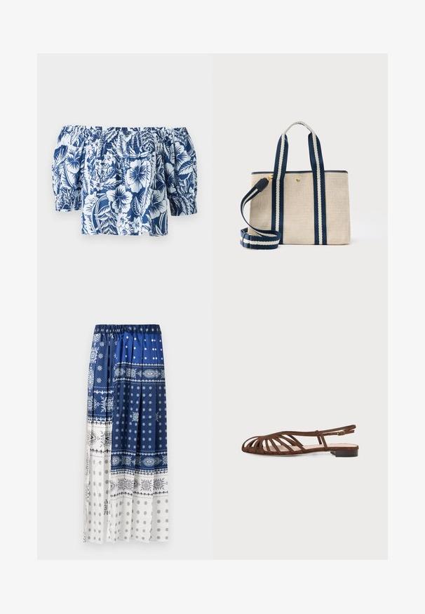 Blaue und weiße Blumen-Off-Shoulder-Bluse mit Puffärmeln, gerafftem elastischen Ausschnitt und lockerer Passform im tropischen Design.; Lange plissierte Rock mit elastischem Taillenbund, der blaue und weiße Bandana-Muster und Kontrastabschnitte mit Punkten zeigt.; Braune flache Sandale mit mehreren dünnen Riemen und einer kleinen Schnalle am Knöchel vor hellem Hintergrund.; Beigefarbene Stofftragetasche mit navyblauen und weißen gestreiften Griffen sowie abnehmbarem Schulterriemen, ausgestattet mit einem kleinen goldenen Knopfverschluss.