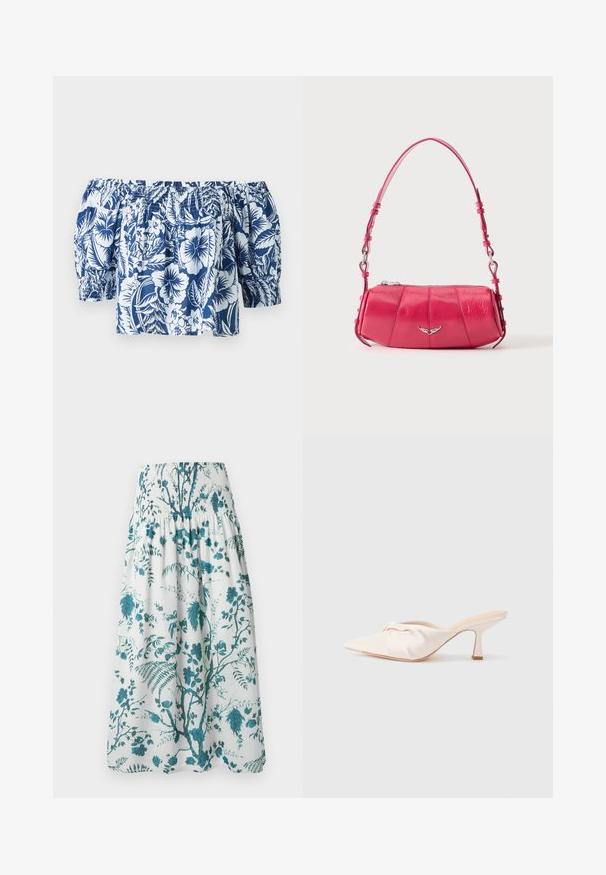 Blå og hvid blomsterret blouse med off-shoulder, der har puffærmer, samlet elastisk halsudskæring og en afslappet pasform med et tropisk design.; Hvid midi-nederdel med blågrøn botanisk blomsterprint og smocket elastik i taljen.; Mulesko i lyst beige stof med et knyttet design foran, spids tå og en slank, tilspidset hæl. Glat tekstur over det hele.; Lille skinnende lyserød skuldertaske i læder med sølv vingeemblem og justerbar rem, lynlåslukning øverst, vist på hvid baggrund.