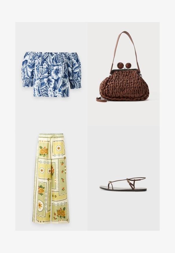 Blå og hvid blomsterret blouse med off-shoulder, der har puffærmer, samlet elastisk halsudskæring og en afslappet pasform med et tropisk design.; Bukser med vide ben med lysegule blomster- og geometriske patchworkmønstre, med elastisk talje og snørelukning.; Brun lædersandal med tynde remme, en gylden cirkulær detalje og en flad sål. Minimalistisk design med en justerbar spændedetalje.; Brun flettet læderhåndtaske med en enkelt strop og to store runde trælukninger på toppen.
