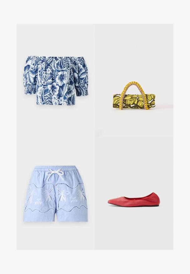 Blå og hvid blomsterret blouse med off-shoulder, der har puffærmer, samlet elastisk halsudskæring og en afslappet pasform med et tropisk design.; Lyseblå shorts med hvide broderede palmer og hvid snøre i elastisk talje.; Filippa K REY FLATS - Ballerinasko - bright red; Rektangulær taske med gult og sort blomsterprint og flettet gul og pink hank på hvid baggrund.
