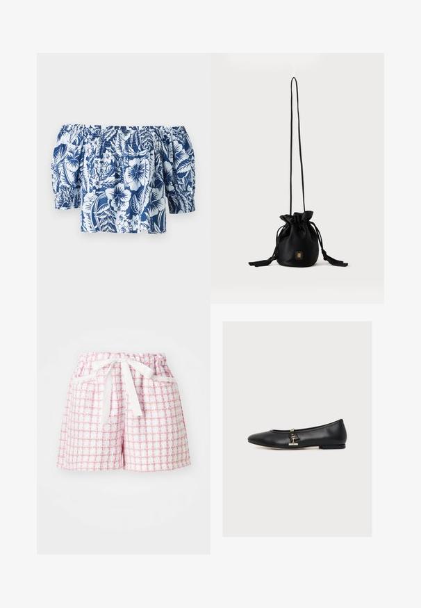 Blauw en witte bloemenoff-the-shoulder blouse met pofmouwen, gegatherde elastische halslijn en een losse pasvorm met een tropisch ontwerp.; Witte en roze geruite shorts van een gestructureerde stof, met een elastische tailleband en een gestrikt strikje aan de voorkant. Twee zijzakken.; Zwarte leren ballerina met een kleine gouden gesp aan de zijkant, lage hak en afgeronde neus, in profiel getoond op een witte achtergrond.; Zwarte bucketbag met trekkoord, lange dunne band en klein goudkleurig vierkant logo aan de voorkant, weergegeven tegen een eenvoudige achtergrond.