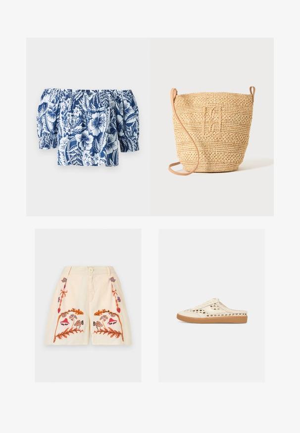 Blå og hvid blomsterret blouse med off-shoulder, der har puffærmer, samlet elastisk halsudskæring og en afslappet pasform med et tropisk design.; Kremfarvede shorts med frontknap, lynlås og broderede symmetriske blomster- og svampemønstre i orange, pink, blå og brun.; Beige slip-on sneaker med vævet mesh-design og sål af naturligt gummi, med snørebånd foran og lukket tå.; Vævet stråbuckettaske med struktureret mønster og læderrem, vist oprejst på en ensfarvet lys baggrund.