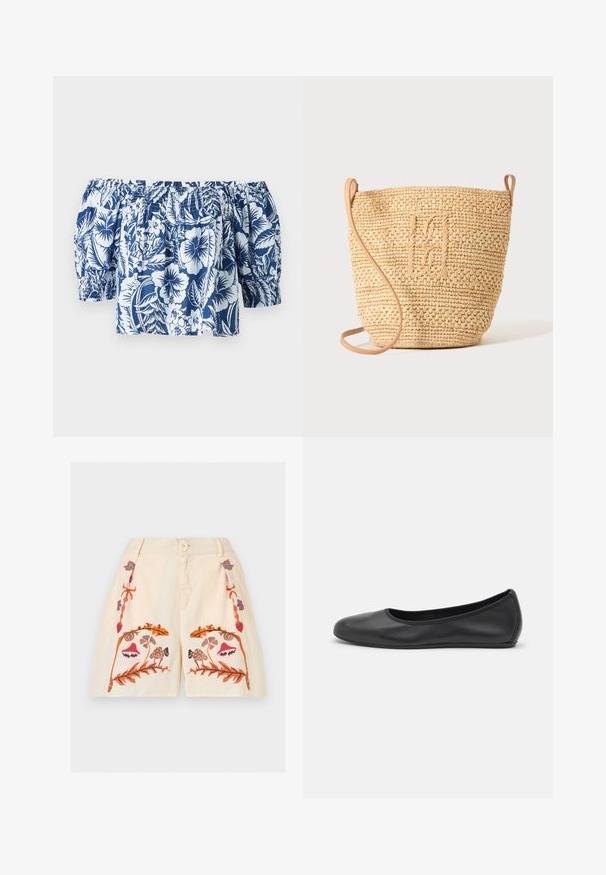 Blaue und weiße Blumen-Off-Shoulder-Bluse mit Puffärmeln, gerafftem elastischen Ausschnitt und lockerer Passform im tropischen Design.; Cremefarbene Shorts mit Frontknopf, Reißverschluss und bestickten symmetrischen Blumen- und Pilzmuster in Orange, Pink, Blau und Braun.; Schwarze Leder-Ballettschuhe mit abgerundeter Spitze, glatter Textur, minimalen Nähdetails und einem flexiblen Sohlen-Design.; Gewebte Strohbucket-Tasche mit strukturiertem Muster und Lederriemen, aufrecht stehend vor einem schlichten hellen Hintergrund.