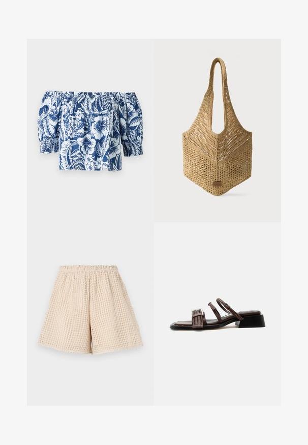 Blaue und weiße Blumen-Off-Shoulder-Bluse mit Puffärmeln, gerafftem elastischen Ausschnitt und lockerer Passform im tropischen Design.; Beige Shorts mit einem strukturierten, waffelartigen Muster. Elastischer Bund und lockere Passform. Mittellange Beine, bis zur Mitte des Oberschenkels. Leichtes Material.; Braune Ledersandale mit geflochtenem Vordersteg, zwei schlanken Knöchelriemen mit Schnalle, niedrigem Blockabsatz und quadratischem Zehendesign.; Gewebte beige Tragetasche mit langen Griffen, offenem Webmuster und einem kleinen rechteckigen Lederetikett unten vorne.