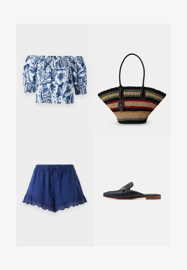 Blauw en witte bloemenoff-the-shoulder blouse met pofmouwen, gegatherde elastische halslijn en een losse pasvorm met een tropisch ontwerp.; Marineblauwe damesshort met elastische tailleband, voorstrik, verticale plooitjes en gegolfde kanten afwerking met bloemmotieven aan de zoom.; Geweven zwarte leren instapschoenen met een ronde neus, een lage hak en een gouden kettingaccent op de wreef. Glad binnenfutter, houten zool.; Gevlochten draagtas met zwarte, groene, rode, beige en mosterdkleurige horizontale strepen en zwarte leren handvatten met een klein bevestigd label.
