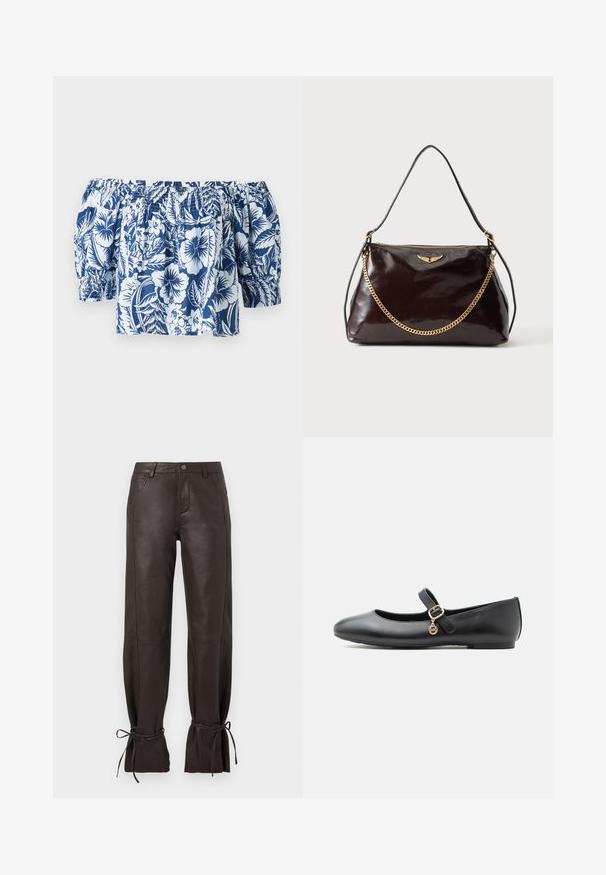 Blå og hvid blomsterret blouse med off-shoulder, der har puffærmer, samlet elastisk halsudskæring og en afslappet pasform med et tropisk design.; Mørkebrune læderbukser med forlommer, syningsdetaljer, knaplukning og bindebånd ved anklerne på en ensfarvet baggrund.; Sort Mary Jane-lædersko med flad sål, lille guldbælte og rund vedhæng på hvid baggrund.; Mørkebrun blank læderhåndtaske med et gyldent vingeemblem, gyldent kædedetalje og en tynd læder skulderrem på en ensfarvet baggrund.
