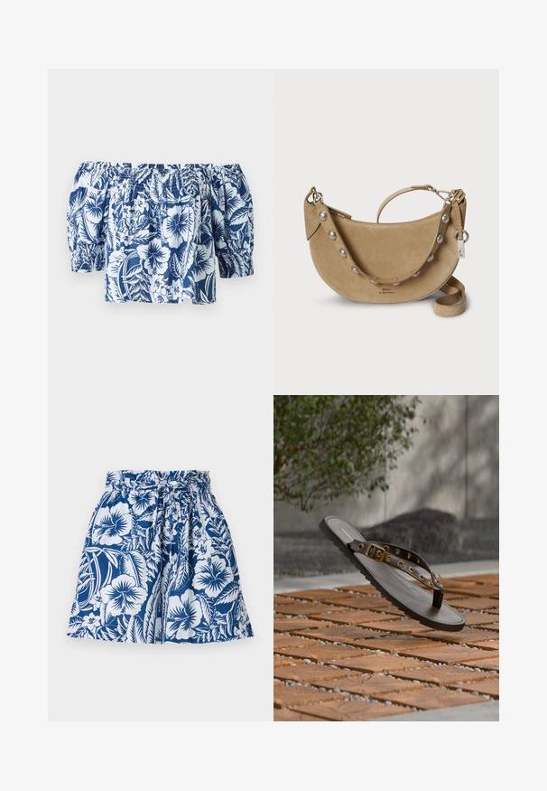 Blaue und weiße Blumen-Off-Shoulder-Bluse mit Puffärmeln, gerafftem elastischen Ausschnitt und lockerer Passform im tropischen Design.; Blaue und weiße Shorts mit Blumenmuster, einem elastischen Bund, einer Kordelzugdetails und einem ausgestellten Design. Hergestellt aus leichtem Stoff.; Braune Ledersandale mit goldenen Ösen und Schnalle, die über orangefarbene Steinfliesen und Kiesel schwebt, mit Baum und grauer Wand im Hintergrund.; Hellbraune Wildleder-Handtasche mit sichelförmigem Design, silbernen Nieten entlang des Riemens und abnehmbarem Schulterriemen. Inklusive kleinem Anhänger.