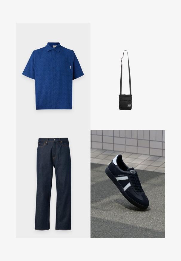 Kurzarmliges blaues Hemd aus strukturiertem Stoff mit einem subtilen Muster, Knopfleiste vorne und einer einzigen Brusttasche.; Abercrombie & Fitch BAGGY RAW - Baggy Jeans - blue denim; Schwarze Leder-Sneaker mit weißen Streifen, strukturiertem Gummisohle und Schnürung. Verfügt über ein Markenetikett auf der Zunge.; Schwarze Umhängetasche mit verstellbarem Riemen und kleinem weißem rechteckigem Logopatch auf der unteren Vorderseite.