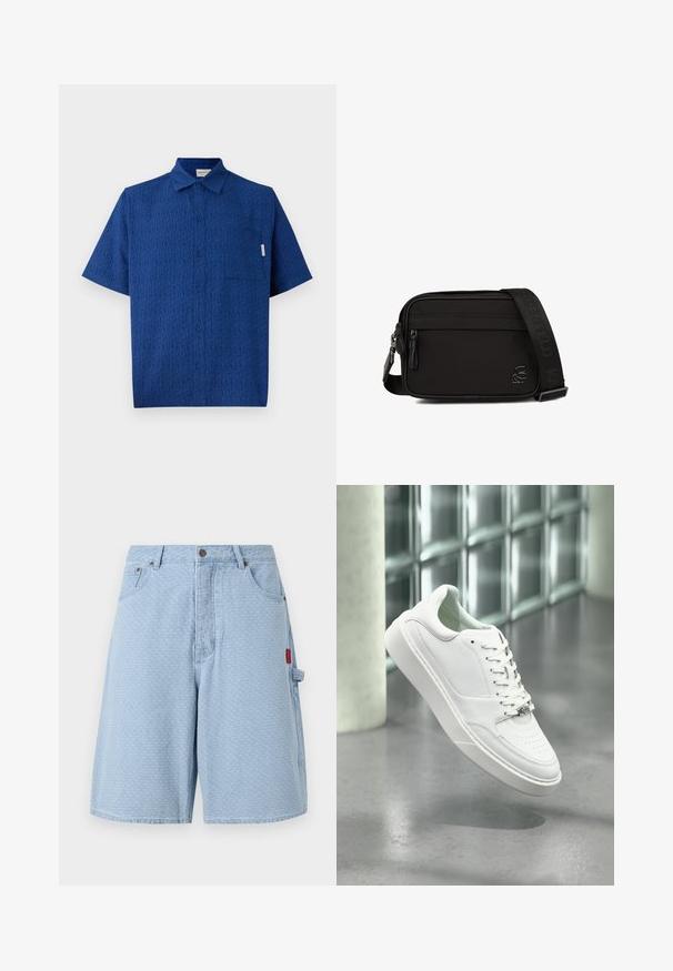 Lühikeste varrukatega sinine särk, mis on valmistatud tekstureeritud kangast ja millel on peen muster, nupuga esikülg ja üks rinnatasku.; Heled sinised denim lühikesed püksid, millel on tekstuuriga muster, kaks esipoolset taskut ja küljetasku punase sildiga detailiga.; Valge nahast vabaajajalanõu ümara ninaga, paeltega ees ja tasase kummitaldaga. Omaduseks on perforatsioonid ja peen logo.; Mustakujuline rihmaga käsipõhukott, mille esiküljel on lukuga tasku, reguleeritav kaubamärgiga õlarihm ja väike külglogo embleem.