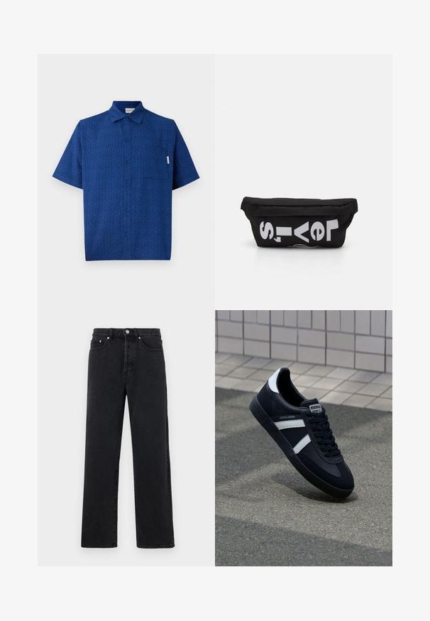 Kortærmet blå skjorte lavet af tekstureret stof med et subtilt mønster, en knaplukning foran og en enkelt brystlomme.; Sorte denim straight-leg jeans med høj talje, fem lommer og metalknaplukning. Stof har en glat tekstur og let glans.; Sort lædersneaker med hvide striber, tekstureret gummisål og snørrebånd foran. Har et brandet mærke på tungen.; Sort stoftaske med flad form, prydet med fed hvid tekst. Lynlåsen er placeret øverst, med en løkke detalje på den ene side.