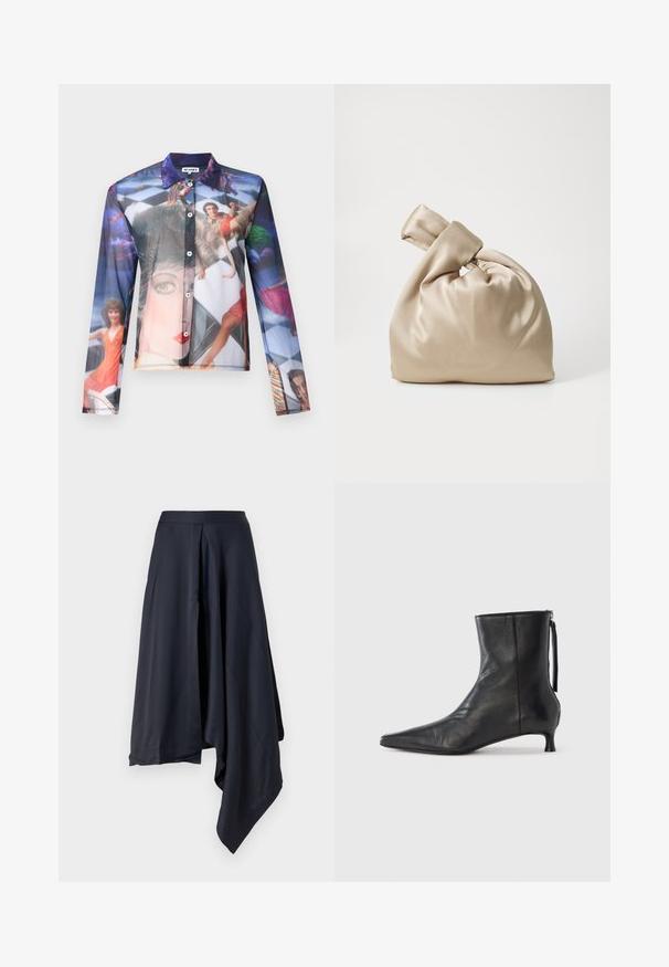Gennemsigtig skjorte med knapper, der har et farverigt fotografisk tryk af mennesker i dynamiske positurer, med klassisk krave og lange ærmer.; Marineblå satin midi-nederdel med asymmetrisk nederkant, med en glat tekstur og subtile draperinger. Tætsiddende talje uden synlige lukninger.; Sort læderankelstøvle med spids tå, struktureret form og lav hæl. Har en sidesyning og minimalistisk design.; Beige satin taske med knyttet top, der har en blød, glat tekstur og en rund form, designet til at være simpel og elegant.
