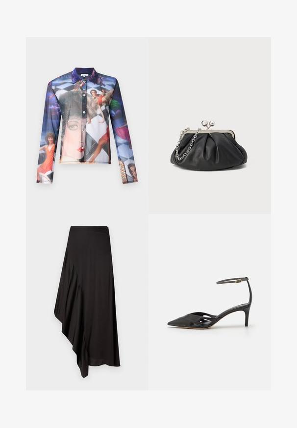Gennemsigtig skjorte med knapper, der har et farverigt fotografisk tryk af mennesker i dynamiske positurer, med klassisk krave og lange ærmer.; AERON ASTER SKIRT - Pencil skirt - black; Sort læder højhælet sko med spids tå, åbne sider og en tynd ankelrem med en lille guld detalje.; Sort læder clutch med samlet tekstur, sølvfarvet metalramme, kys-lås lukning og kædestrop. Glat, blød overflade.