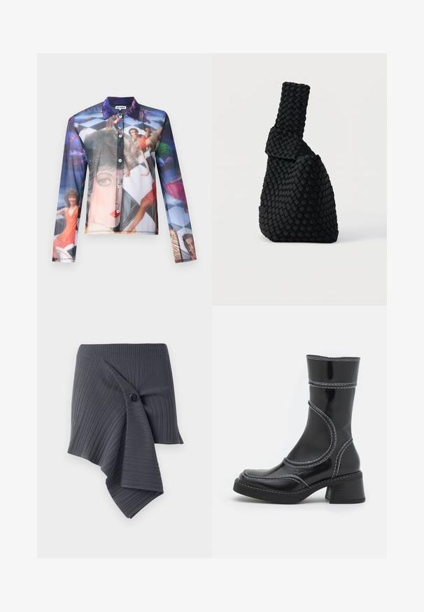 Chemise transparente à boutons avec une impression photographique colorée de personnes dans des poses dynamiques, dotée d'un col classique et de manches longues.; Jupe enveloppante à côtes gris foncé avec un design torsadé et un accent de bouton noir rond. Fabriquée dans un matériau texturé et extensible.; Bottine en cuir verni noir avec des coutures blanches, bout arrondi et talon carré. Présente des lignes de design courbées et une texture lisse.; Sac à main noir tissé avec un design asymétrique, présentant une surface texturée et une poignée haute et étroite. Aucune ferrure ou accent visible.