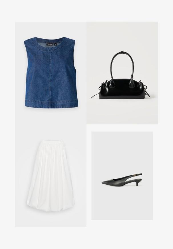 Blauwe denim mouwloze top met een ronde halslijn, rechte snit en subtiele stiksels langs de randen. Merkenlabel zichtbaar.; Witte rok van lichtgewicht stof, met een elastische tailleband, ruches en een volumineuze A-lijn vorm.; Zwarte puntschoen met slingback van soepel leer. Kenmerkt zich door een dunne hak en een gespdetail op de verstelbare band.; Kleine zwarte glanzende handtas met twee lange hengsels en zijkant trekkoord details op een effen lichte achtergrond.