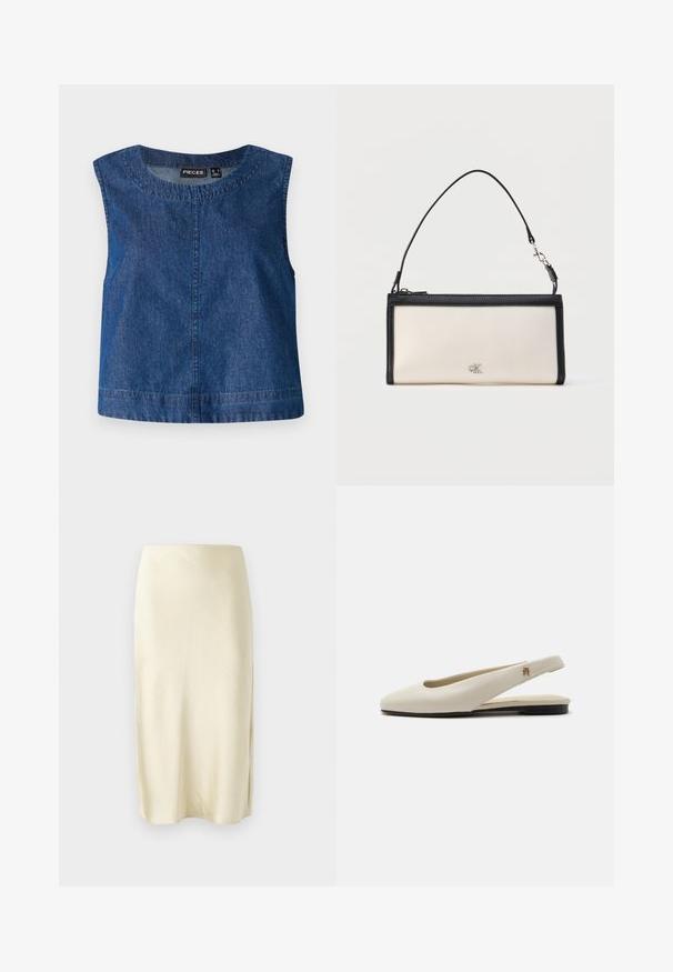 Blauwe denim mouwloze top met een ronde halslijn, rechte snit en subtiele stiksels langs de randen. Merkenlabel zichtbaar.; Satin midi rok in bleekgeel met een gladde textuur, met een split aan de zijkant en een rechte snit. Eenvoudige en elegante silhouet.; Crèmekleurige leren slingback platte schoen met ronde neus en klein gouden embleem op het bandje.; Rechthoekige crème clutch met zwarte rand en handvat, met een klein zilveren "cK"-logo in het midden aan de voorkant.