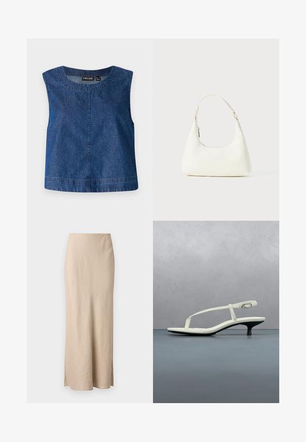 Blå denim ærmeløs top med rund halsudskæring, lige snit og subtil syning langs kanterne. Mærkeetiket synlig.; Samsøe Samsøe AGNETA LONG SKIRT - Maxinederdele - white pepper; Hvid sandal med stropper og kitten-hæl med spids tå, svævende over et trægulv udendørs med en sløret plante og væg i baggrunden.; Lille hvid skuldertaske med en enkelt justerbar rem og en lynlåslukning, sat mod en ensfarvet hvid baggrund.