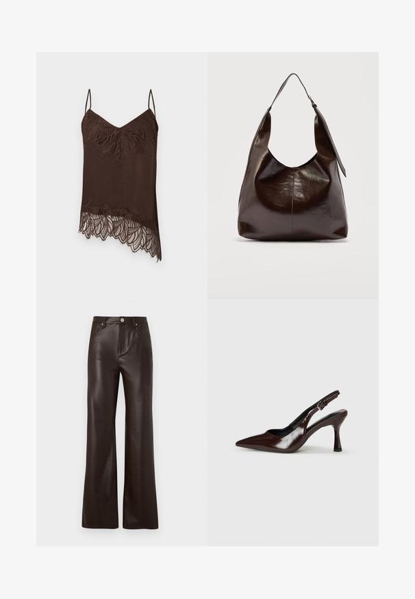Camisole marron à fines bretelles, avec un bord en dentelle au niveau du décolleté et de l'ourlet. La dentelle présente un motif floral pour plus de détails.; Vero Moda Wide-leg VMTESSA High rise - Pantalon classique - chocolate torte; Talons slingback en cuir verni brun avec un bout pointu, un talon fin, et une sangle réglable avec une petite boucle.; Sac à bandoulière en cuir marron foncé brillant avec une seule large sangle et un détail de boucle sur un côté, posé sur un fond clair uni.