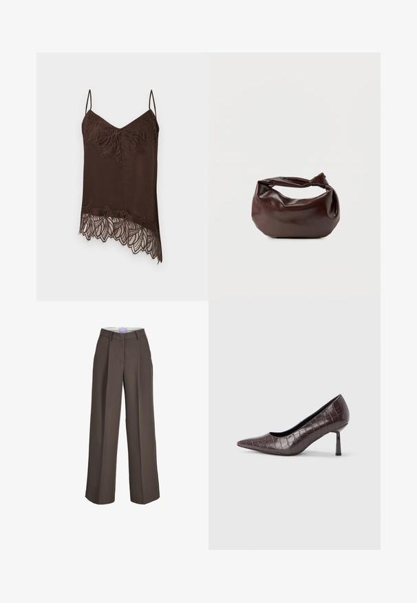 Camisole marron à fines bretelles, avec un bord en dentelle au niveau du décolleté et de l'ourlet. La dentelle présente un motif floral pour plus de détails.; Pantalon marron à jambes larges avec passants de ceinture, plis devant et fermeture avant cachée.; Escarpins à bout pointu en similicuir marron avec une texture crocodile, dotés d’un talon fin et angulaire ainsi que d’une doublure intérieure lisse.; Sac bandoulière en cuir marron foncé avec une forme souple et décontractée et une anse nouée torsadée sur un fond blanc uni.