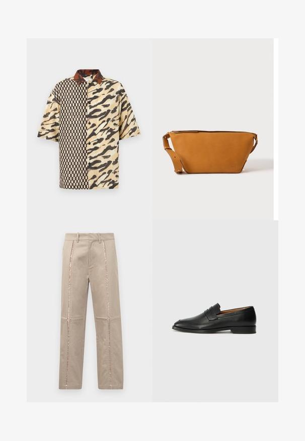 Chemise à manches courtes avec boutons, imprimé animal abstrait marron et beige d'un côté et motif à carreaux de l'autre, avec un col contrastant.; Pantalons beiges à coupe droite, avec des rayures latérales en sequins or rose et de subtils détails cousus sur les jambes.; Mocassin en cuir noir avec un bout arrondi, des coutures subtiles et un talon bas, présentant une texture lisse et un design minimaliste.; Sac bandoulière en cuir marron clair avec sangle réglable et fermeture éclair, présenté sur un fond clair uni.