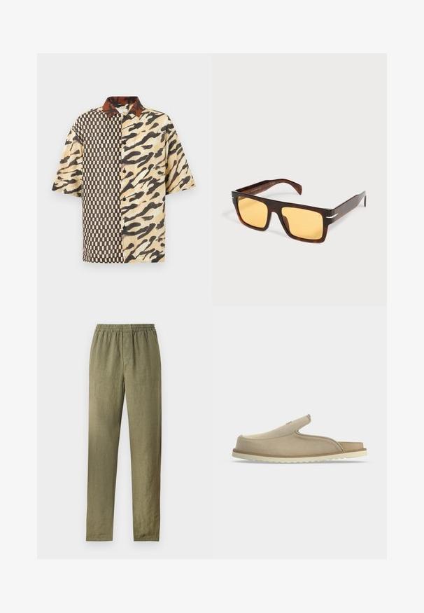 Chemise à manches courtes avec boutons, imprimé animal abstrait marron et beige d'un côté et motif à carreaux de l'autre, avec un col contrastant.; Pantalon décontracté vert olive clair avec taille élastique et jambes droites, fabriqué en tissu léger.; Sandale beige à enfiler avec bout fermé, talon ouvert, dessus en suédine souple et semelle en caoutchouc blanche texturée, montrée de profil sur fond blanc.; Lunettes de soleil rectangulaires en écaille avec de larges montures et des verres teintés jaunes sur fond blanc.