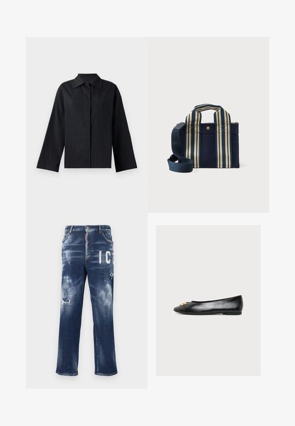 Chemisier court noir à rayures, avec col pointu et manches longues et larges ; fabriqué en tissu lisse, présentant des rayures verticales pour le détail.; Jeans en denim bleu foncé avec des patchs déchirés, des éclaboussures de peinture claires et de grandes lettres blanches. Conception à jambe droite avec une coupe classique.; Chaussure plate en cuir noir avec un bout pointu et un détail décoratif doré sur le devant, vue de profil gauche sur fond uni.; Petit sac fourre-tout bleu marine avec de larges poignées rayées verticales crème et bleu marine, ainsi qu'une bandoulière adjustable bleu marine, sur fond blanc.