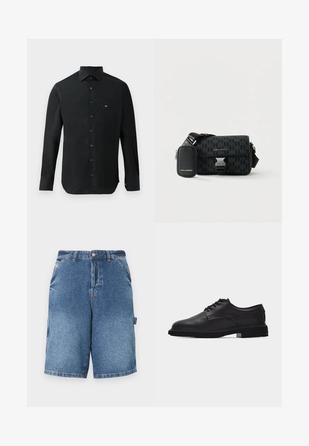 Zwarte longsleeve shirt van gladde stof, met een puntige kraag, knoopsluiting en een klein wit logo op de linkerkant van de borst.; Blauwe denim knielange shorts met voorzakken, riemlussen, knoopsluiting en een lus aan de rechterzijde tegen een witte achtergrond.; Zwarte leren veterschoen voor heren met gladde afwerking en dikke rubberen zool, zijaanzicht op witte achtergrond.; Zwarte Karl Lagerfeld crossbodytas met pied-de-poulemotief, metalen gesp en een aangehechte kleine ritstas aan een verstelbare schouderriem.