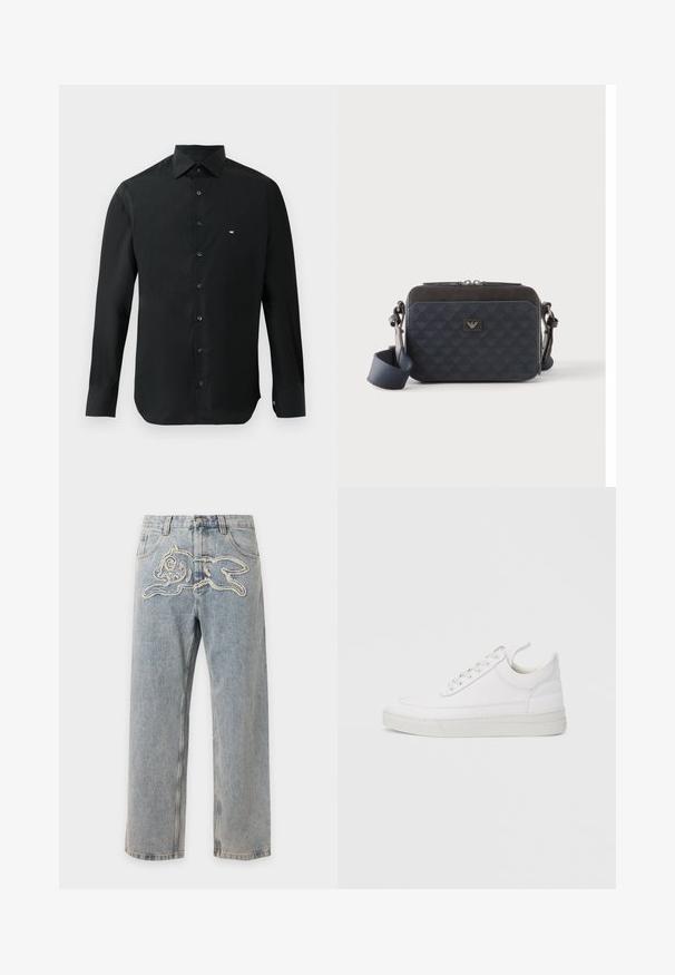 Chemise noire à manches longues en tissu lisse, avec un col pointu, une patte de boutonnage et un petit logo blanc sur la poitrine gauche.; Jean en denim bleu clair avec un motif lapin ludique brodé sur la zone avant de la taille.; Baskets en cuir blanc avec un embout arrondi, une semelle plate et un laçage à l'avant. Présentent des détails de couture et un col rembourré pour plus de confort.; Sac bandoulière rectangulaire bleu foncé avec sangle réglable, fermeture éclair et motif subtil du logo sur le panneau avant.