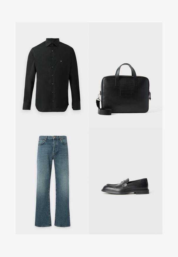 Schwarzes langärmliges Hemd aus glattem Stoff mit spitzem Kragen, Knopfleiste und kleinem weißen Logo auf der linken Brust.; Blaue Denim-Jeans mit leicht ausgestelltem Beinabschluss, klassischem Fünf-Taschen-Design, Knopf- und Reißverschluss sowie dezentem Verblassen an den Oberschenkeln.; Schwarze Lederloafer mit strukturierter Oberfläche, versehen mit einem dekorativen Frontriemen und einer abgerundeten Spitze. Gummisohle für Langlebigkeit.; Schwarze Leder-Laptoptasche mit zwei oberen Griffen, einem abnehmbaren Schulterriemen, strukturierter Oberfläche und rechteckiger Form. Sichtbares, eingeprägtes Logo-Patch.