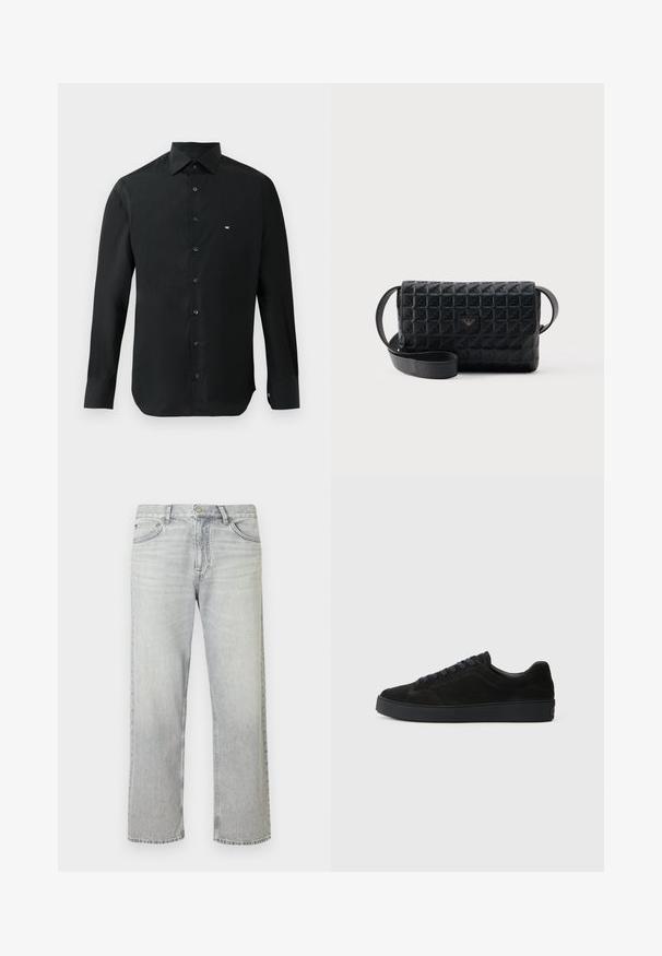 Sort langærmet skjorte lavet af glat stof, med en spids krave, knaplukning og et lille hvidt logo på venstre bryst.; Lysvasket denimjeans med en afslappet pasform, der har lige ben, klassisk fem-lomme-design og knaplukning i taljen.; Sort semsket sneakers med en flad, tekstureret sål, rund tå, seks snørrehuller og et minimalistisk design.; Sort tekstureret crossbodytaske med klaplukning og et lille metallogo foran, vist mod en ensfarvet baggrund.