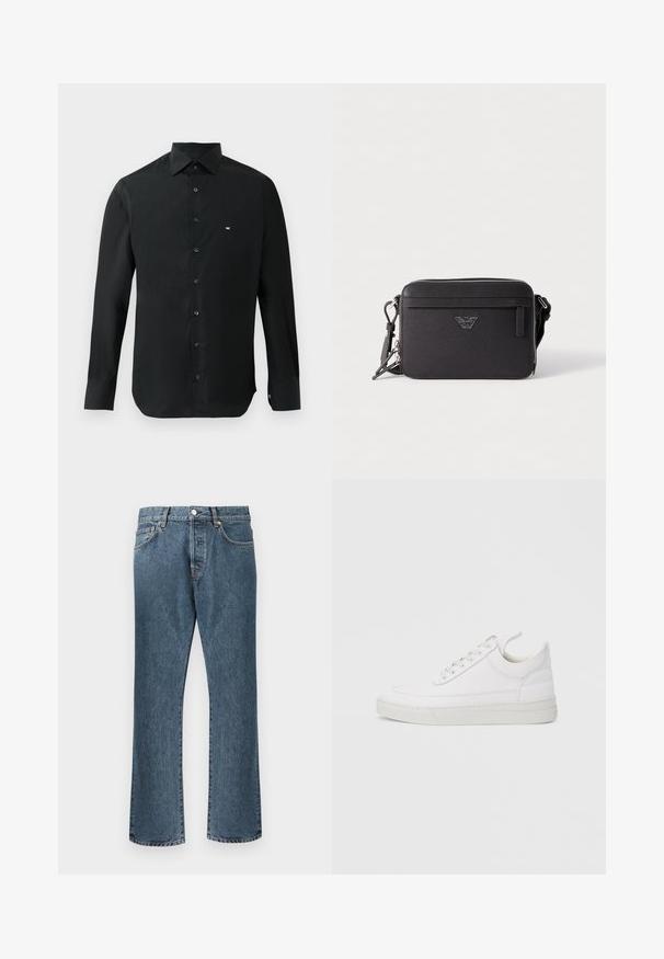 Sort langærmet skjorte lavet af glat stof, med en spids krave, knaplukning og et lille hvidt logo på venstre bryst.; Blå denim jeans med lige ben design, der har en klassisk knap- og lynlås lukning, fem lommer og subtilt slid.; Hvid lædersneaker med rundet tå, flad sål og snørebånd foran. Har syningsdetaljer og polstret krave for komfort.; Sort tekstil crossover-taske med lynlåslukning, der har en frontlomme, logo-detalje og justerbar rem. Tekstureret overflade, rektangulær form.