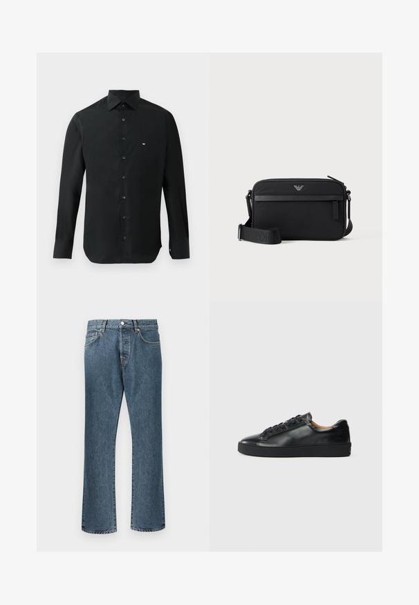 Must musta varrukatega särk, mis on valmistatud siledast kangast, millel on terav krae, nööbipluus ja väike valge logo vasakul rinnal.; Sinised denim teksad sirge säärega disainiga, klassikalise nööbi ja lukuga kinnitusega, viie taskuga ja õrna pleekimisega.; Musthave nahkast kingad sujuva tekstuuriga, ümara toe jastringsidega sulgemisega. Omab paksu kummist tallat ja minimaalset brändi detaili.; Must ristkülikukujuline õlakott, esiosal luku tasku, reguleeritav rihm ja väike metallist logo ülaservas keskel.