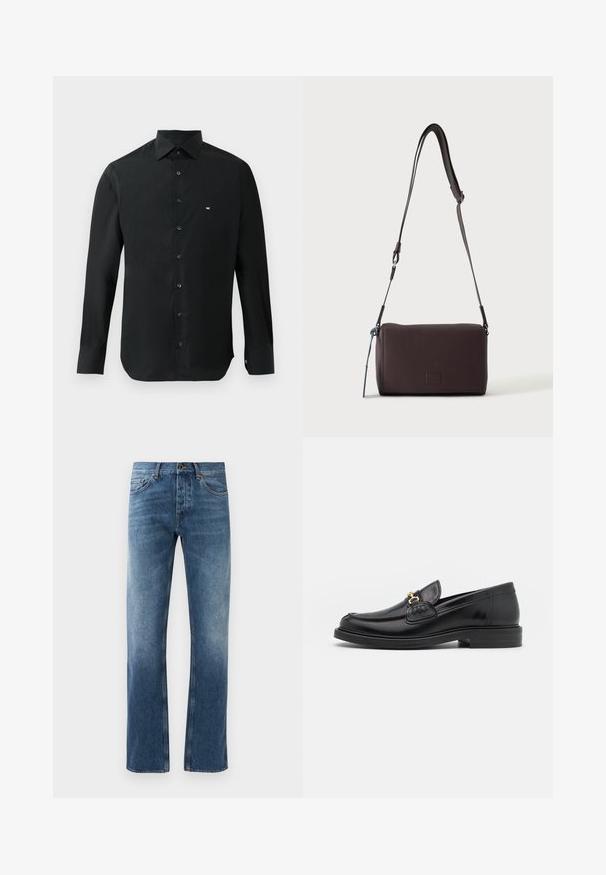 Chemise noire à manches longues en tissu lisse, avec un col pointu, une patte de boutonnage et un petit logo blanc sur la poitrine gauche.; Jean en denim bleu avec une coupe droite, délavé, cinq poches et coutures contrastées. Fermeture à bouton et zip à la taille.; Mocassins en cuir noir avec un embout rond, présentant des accents en métal doré et des détails de couture, montés sur une semelle en caoutchouc texturé et basse.; Sac bandoulière en cuir marron foncé texturé avec une sangle réglable et un petit accent décoratif bleu sur le côté.