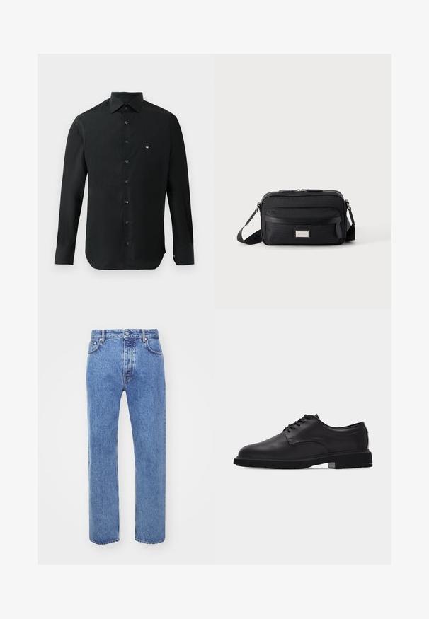 Schwarzes langärmliges Hemd aus glattem Stoff mit spitzem Kragen, Knopfleiste und kleinem weißen Logo auf der linken Brust.; Won Hundred STEVE - Jeans Relaxed Fit - cut blue; Schwarzer Herrenschuh aus Leder mit Schnürung, glatter Oberfläche und dicker Gummisohle, im Profil auf weißem Hintergrund gezeigt.; Schwarze rechteckige Umhängetasche mit vorderer Reißverschlusstasche, verstellbarem Riemen und silberner rechteckiger Logo-Plakette auf einfarbigem Hintergrund.