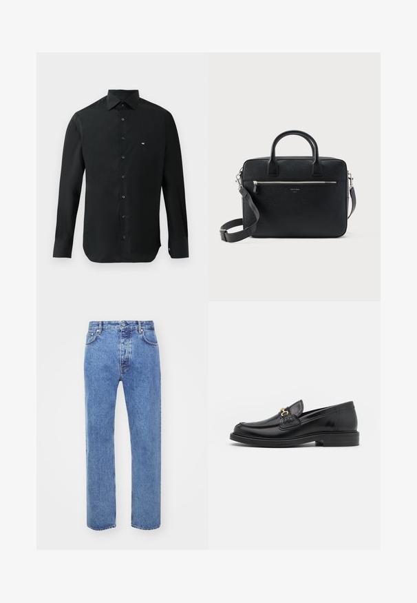 Schwarzes langärmliges Hemd aus glattem Stoff mit spitzem Kragen, Knopfleiste und kleinem weißen Logo auf der linken Brust.; Won Hundred STEVE - Jeans Relaxed Fit - cut blue; Schwarze Lederleter mit einer abgerundeten Zehenpartie, ausgestattet mit goldenen Hardwareakzenten und Stichdetails, auf einer niedrigen, strukturierten Gummisohle.; Schwarze strukturierte rechteckige Lederaktentasche mit Doppelgriffen, vorderer Reißverschlusstasche und verstellbarem Schultergurt, auf weißem Hintergrund dargestellt.