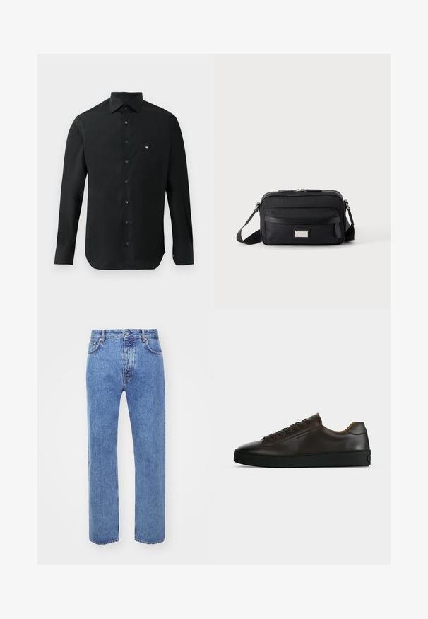 Zwarte longsleeve shirt van gladde stof, met een puntige kraag, knoopsluiting en een klein wit logo op de linkerkant van de borst.; Won Hundred STEVE - Relaxed fit jeans - cut blue; Low-profile donkerbruine leren sneaker met zwarte rubberen zool, veters aan de voorkant en een strak minimalistisch design op een lichte achtergrond.; Zwarte rechthoekige crossbodytas met voorvak met ritssluiting, verstelbare schouderband en zilveren rechthoekige logo-plaat op effen achtergrond.
