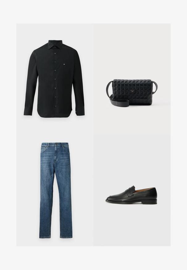 Camisa negra de manga larga hecha de tela suave, con cuello puntiagudo, botonera y un pequeño logo blanco en el lado izquierdo del pecho.; Jeans de mezclilla azul oscuro, diseño de pierna recta, estilo de cinco bolsillos, costura visible y cierre clásico de botón. Ligera efecto de lavado en la tela.; Mocasín de cuero negro con punta redonda, detalles de costura sutil y un tacón bajo, que presenta una textura suave y un diseño minimalista.; Bolso bandolera negro con textura, cierre de solapa y un pequeño logo metálico en el frente, mostrado sobre un fondo liso.