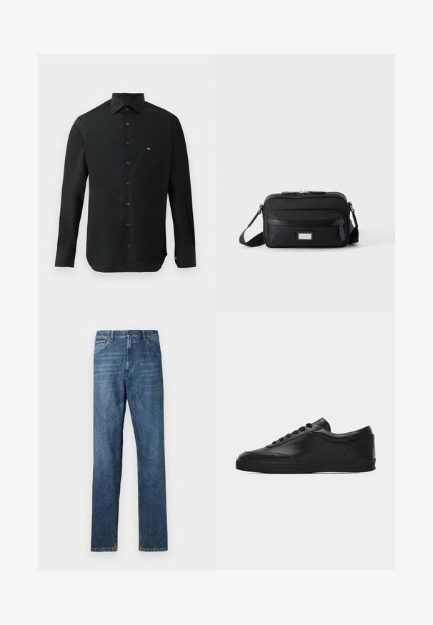 Schwarzes langärmliges Hemd aus glattem Stoff mit spitzem Kragen, Knopfleiste und kleinem weißen Logo auf der linken Brust.; Dunkelblaue Denim-Jeans, gerades Bein-Design, Fünf-Taschen-Stil, sichtbare Nähte und ein klassischer Knopfverschluss. Leichter Waschungseffekt auf dem Stoff.; Schwarzer flacher Leder-Sneaker mit Schnürung vorne und flacher Gummisohle, seitlich auf einem schlichten weißen Hintergrund gezeigt.; Schwarze rechteckige Umhängetasche mit vorderer Reißverschlusstasche, verstellbarem Riemen und silberner rechteckiger Logo-Plakette auf einfarbigem Hintergrund.