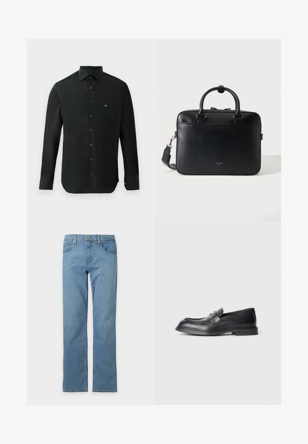 Schwarzes langärmliges Hemd aus glattem Stoff mit spitzem Kragen, Knopfleiste und kleinem weißen Logo auf der linken Brust.; Hellblaue Jeans mit geradem Bein, Vordertaschen, Gürtelschlaufen, Knopf- und Reißverschluss auf hellem einfarbigem Hintergrund.; Schwarze Lederloafer mit strukturierter Oberfläche, versehen mit einem dekorativen Frontriemen und einer abgerundeten Spitze. Gummisohle für Langlebigkeit.; Schwarze Lederaktentasche mit doppelten Griffen und abnehmbarem Schulterriemen, minimalistisches Design auf einfarbigem Hintergrund.