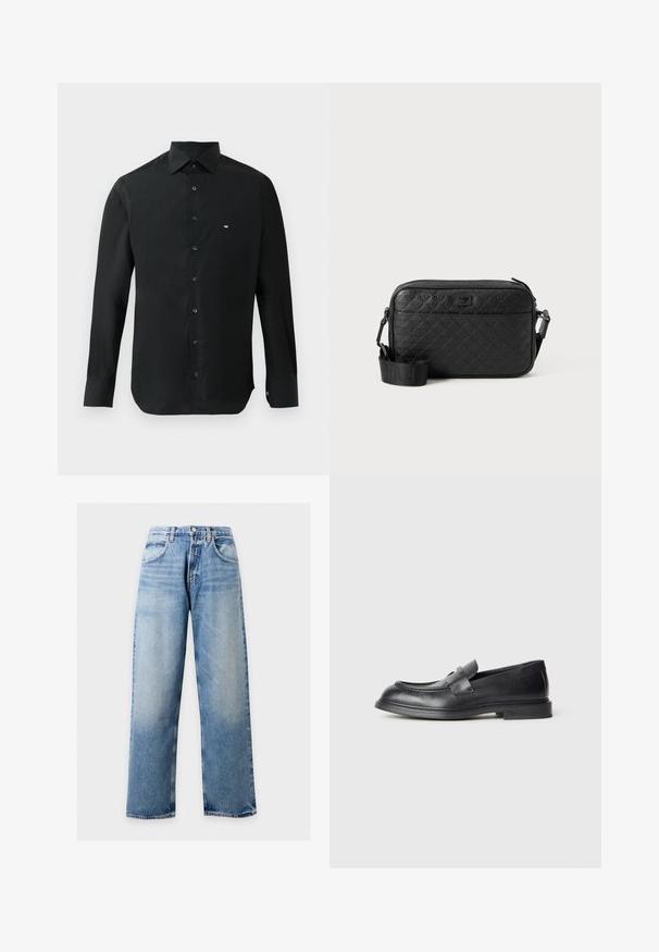Sort langærmet skjorte lavet af glat stof, med en spids krave, knaplukning og et lille hvidt logo på venstre bryst.; Lyseblå vidde ben jeans med frontlommer, bæltestropper og knaplukning mod en ensfarvet baggrund.; Sorte læder loafers med en struktureret finish, der har en dekorativ frontrem og en rundet tå. Gummisål for holdbarhed.; Sort tekstureret crossover-taske med prægede geometriske mønstre og justerbar rem med brandlogo.