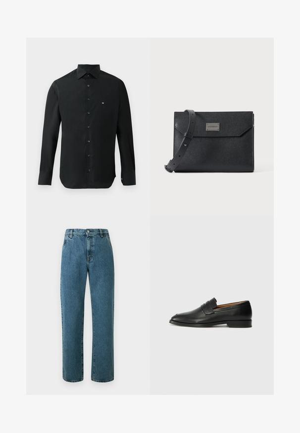 Zwarte longsleeve shirt van gladde stof, met een puntige kraag, knoopsluiting en een klein wit logo op de linkerkant van de borst.; Blauwe spijkerbroek met hoge taille en rechte pijpen, voorzien van knoop- en ritssluiting aan de voorkant en zijzakken, weergegeven tegen een lichte achtergrond.; Zwarte leren instapper met een ronde neus, subtiele stikdetails en een lage hak, met een gladde textuur en een minimalistisch ontwerp.; Zwart getextureerde leren crossbody tas met verstelbare riem en metalen logo plaatje aan de voorkant, rechthoekige envelopstijl flap sluiting.