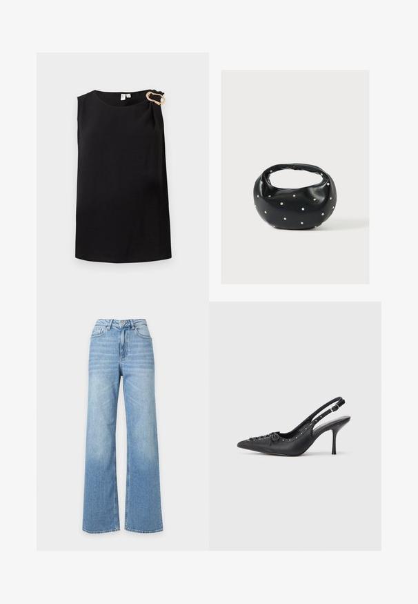 Blouse noire sans manches avec col rond et boucle décorative dorée sur l'épaule gauche, design uni.; Jean en denim bleu clair à taille haute et jambes larges, avec poches avant, passants pour ceinture et fermeture par bouton.; Escarpin en cuir noir à talon aiguille avec un bout pointu, une bride latérale à boucle, des clous le long du bord et un laçage décoratif à l'avant.; Sac à main en cuir noir de forme arrondie, décoré de clous argentés et équipé d'une poignée courte. Texture lisse et fermeture éclair.
