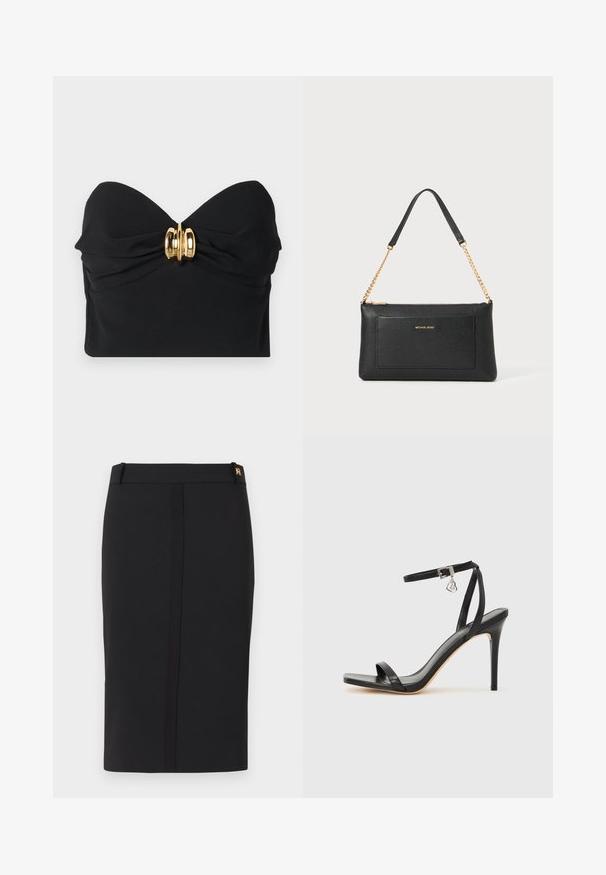 Schwarzes, trägerloses Top aus glattem Stoff, mit einem gedrehten Frontdesign und einem goldenen Hardware-Akzent in der Mitte.; Schwarzer knieumspielender Bleistiftrock mit vorderer Nahtdetails und einem kleinen goldenen Logo am Bund.; Schwarze High-Heel-Sandale mit schmalem Knöchelriemen, quadratischer Zehenbox, glattem Leder und metallischem Schnallenakzent.; Schwarze Ledertasche mit einer Kieseloberfläche, goldener Kettenriemen und einer Fronttasche. Auf der Vorderseite befindet sich ein goldenes Logo.