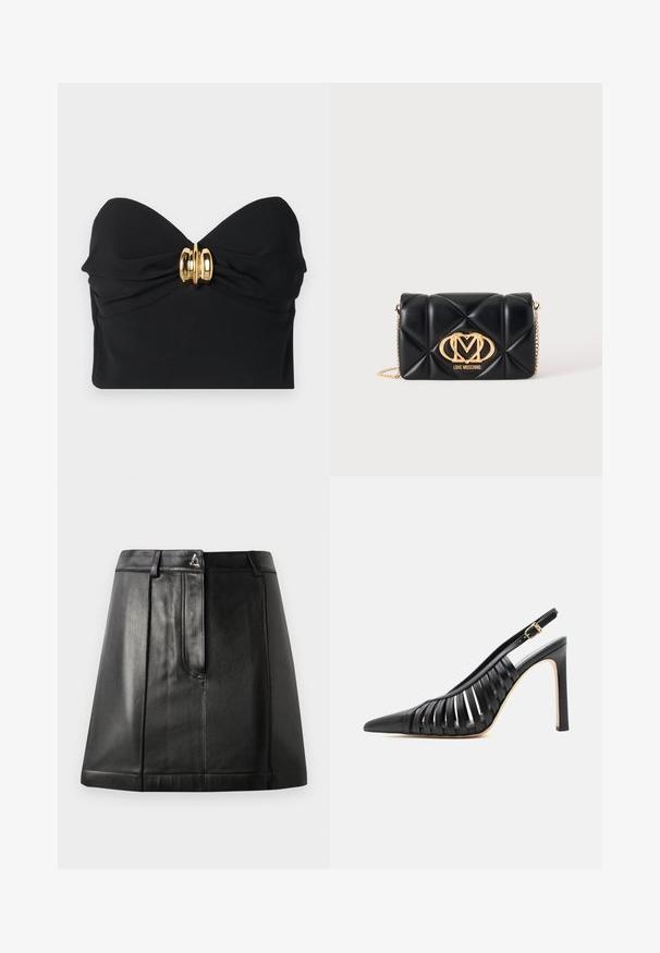Top negro sin tirantes hecho de una tela suave, con un diseño de frente retorcido y un acento de hardware dorado en el centro.; Falda de cuero negro con una forma estructurada, que cuenta con un bolsillo frontal y un accesorio metálico en la cintura. Textura suave y detalles de costura.; Zapato de tacón alto tipo slingback negro con punta puntiaguda y tiras de cuero recortadas, con una hebilla dorada en la correa del tobillo.; Bolso de mano negro acolchado de cuero con correa de cadena dorada y logotipo dorado de Love Moschino en el centro delantero.