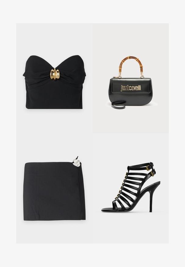 Top negro sin tirantes hecho de una tela suave, con un diseño de frente retorcido y un acento de hardware dorado en el centro.; Falda negra con un diseño elegante, forma recta y textura suave. Incluye un detalle de hardware blanco en el lateral.; Sandalia de tacón alto de cuero negro con múltiples correas horizontales y dos hebillas doradas en el tobillo, sobre un fondo liso claro.; Bolso de cuero negro con el logo dorado "Just Cavalli" en el frente y asa curvada de bambú, con una correa larga desmontable.