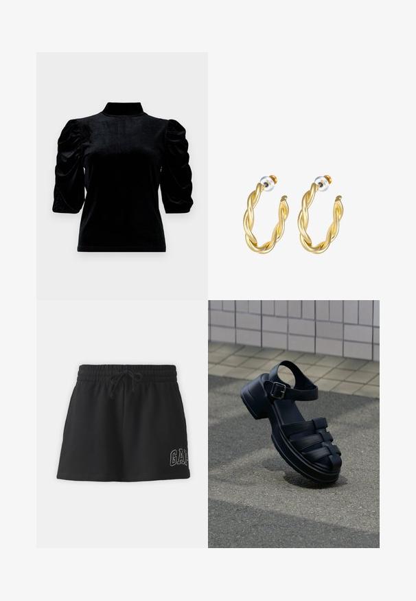 Musta samettitoppi, jossa on korkea kaulus, lyhyet puffihihat ja tiukka siluetti. Pehmeä rakenne, jossa on sileä ja kiiltävä pinta.; GAP HERITAGE - Shortsit - true black; Musta nahkasandaali, jossa on suljettu kärki, nilkan ympärille kiinnitettävä hihna, metallisolki ja paksu pohja, lepää harmaalla asvaltilla laattaseinän lähellä.; Kulta kierteiset renkaat korvakorut sileällä pinnalla, joissa on läpinäkyvä tausta ja kultasävyinen metalliosat.