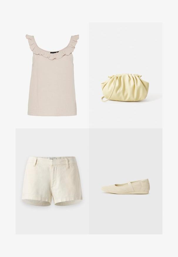 Top débardeur beige clair avec un col froncé. Fabriqué en tissu texturé, il présente une coupe décontractée et de larges bretelles.; Shorts beige clair en lin. Dotés d'une taille plate, de poches avant et d'un ourlet net. Design simple et minimal.; Ballerines beiges avec une exterior en cuir lisse, un bout en forme d'amande et une sangle élastique sur le coup de pied, avec des détails de couture subtils.; Sac à main plissé jaune en simili cuir lisse, arborant une forme douce avec une bandoulière unique et un design froncé sur le dessus.