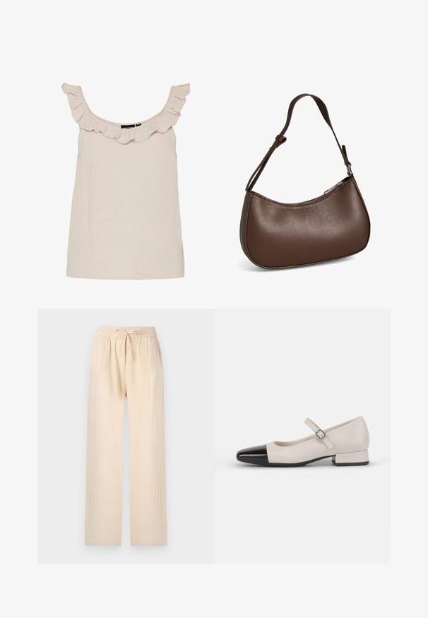 Top de tirantes beige claro con escote volante. Confeccionado en una tela texturizada, presenta un corte holgado y tirantes anchos.; Pantalones de corte ancho en color beige claro, confeccionados con una tela suave y ligera. Cintura elástica con cordón. Superficie texturizada y ajuste holgado.; Zapato estilo Mary Jane en cuero crema con puntera de charol negro. Presenta una punta redonda, tirante en el tobillo con una hebilla cuadrada y un tacón bajo y cuadrado.; Pequeño bolso bandolera de cuero marrón con correa ajustable y cierre de cremallera, mostrado sobre un fondo blanco. Sin logotipos ni adornos visibles.