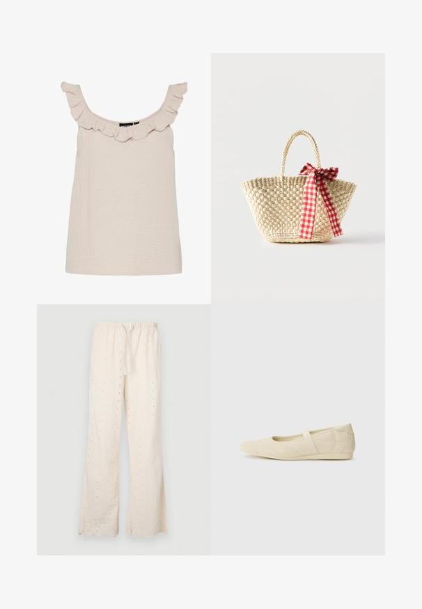 Top de tirantes beige claro con escote volante. Confeccionado en una tela texturizada, presenta un corte holgado y tirantes anchos.; Pantalones de color crema, holgados, con una cintura elástica, cordón y detalles de ojales a lo largo de la tela y el dobladillo. Bordes con forma de concha.; Bailarinas beige con un exterior de cuero liso, punta en forma de almendra y una correa elástica en el empeine, con detalles de costura sutiles.; Bolso tote de paja tejido con asas trenzadas y un lazo de cinta a cuadros rojos y blancos atado a un lado.